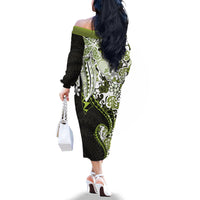 Monstera Plumeria Flowers Olive Green Family Matching Off The Shoulder Long Sleeve Dress and Hawaiian Shirt Polynesian Pattern LT01 - Polynesian Pride
