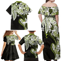 Monstera Plumeria Flowers Olive Green Family Matching Off Shoulder Maxi Dress and Hawaiian Shirt Polynesian Pattern LT01 - Polynesian Pride