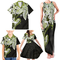 Monstera Plumeria Flowers Olive Green Family Matching Tank Maxi Dress and Hawaiian Shirt Polynesian Pattern LT01 - Polynesian Pride