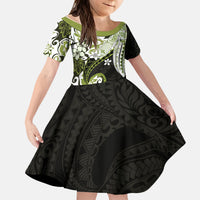 Monstera Plumeria Flowers Olive Green Kid Short Sleeve Dress Polynesian Pattern