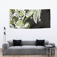 Monstera Plumeria Flowers Olive Green Tapestry Polynesian Pattern