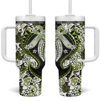 Monstera Plumeria Flowers Olive Green Tumbler With Handle Polynesian Pattern