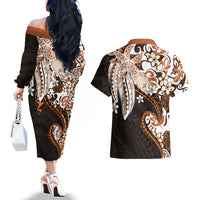 Monstera Plumeria Flowers Orange Couples Matching Off The Shoulder Long Sleeve Dress and Hawaiian Shirt Polynesian Pattern LT01 - Polynesian Pride