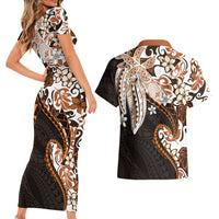 Monstera Plumeria Flowers Orange Couples Matching Short Sleeve Bodycon Dress and Hawaiian Shirt Polynesian Pattern LT01 - Polynesian Pride