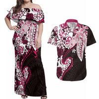 Monstera Plumeria Flowers Pink Couples Matching Off Shoulder Maxi Dress and Hawaiian Shirt Polynesian Pattern