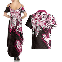 Monstera Plumeria Flowers Pink Couples Matching Summer Maxi Dress and Hawaiian Shirt Polynesian Pattern