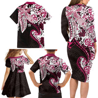 Monstera Plumeria Flowers Pink Family Matching Long Sleeve Bodycon Dress and Hawaiian Shirt Polynesian Pattern LT01 - Polynesian Pride