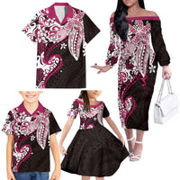 Monstera Plumeria Flowers Pink Family Matching Off The Shoulder Long Sleeve Dress and Hawaiian Shirt Polynesian Pattern LT01 - Polynesian Pride