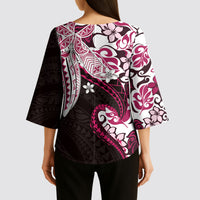 Monstera Plumeria Flowers Pink Kimono Sleeve Blouse Polynesian Pattern