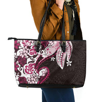 Monstera Plumeria Flowers Pink Leather Tote Bag Polynesian Pattern