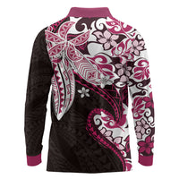 Monstera Plumeria Flowers Pink Long Sleeve Polo Shirt Polynesian Pattern