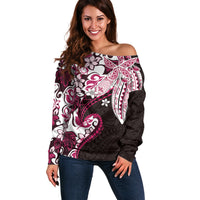Monstera Plumeria Flowers Pink Off Shoulder Sweater Polynesian Pattern