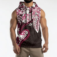 Monstera Plumeria Flowers Pink Sleeveless Hoodie Polynesian Pattern