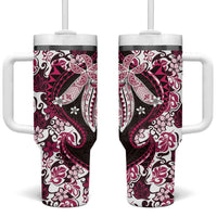 Monstera Plumeria Flowers Pink Tumbler With Handle Polynesian Pattern