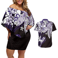 Monstera Plumeria Flowers Purple Couples Matching Off Shoulder Short Dress and Hawaiian Shirt Polynesian Pattern