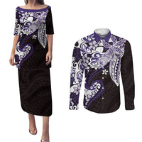 Monstera Plumeria Flowers Purple Couples Matching Puletasi and Long Sleeve Button Shirt Polynesian Pattern