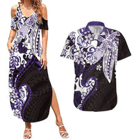 Monstera Plumeria Flowers Purple Couples Matching Summer Maxi Dress and Hawaiian Shirt Polynesian Pattern