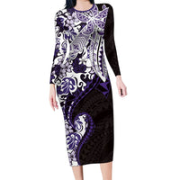 Monstera Plumeria Flowers Purple Family Matching Long Sleeve Bodycon Dress and Hawaiian Shirt Polynesian Pattern LT01 Mom's Dress Purple - Polynesian Pride