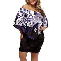 Monstera Plumeria Flowers Purple Off Shoulder Short Dress Polynesian Pattern