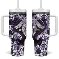 Monstera Plumeria Flowers Purple Tumbler With Handle Polynesian Pattern