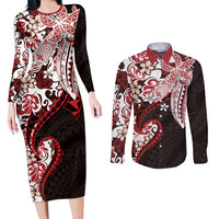 Monstera Plumeria Flowers Red Couples Matching Long Sleeve Bodycon Dress and Long Sleeve Button Shirt Polynesian Pattern