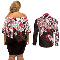 Monstera Plumeria Flowers Red Couples Matching Off Shoulder Short Dress and Long Sleeve Button Shirt Polynesian Pattern
