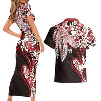 Monstera Plumeria Flowers Red Couples Matching Short Sleeve Bodycon Dress and Hawaiian Shirt Polynesian Pattern LT01 - Polynesian Pride