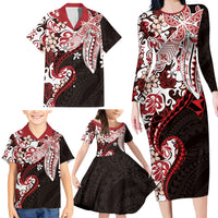 Monstera Plumeria Flowers Red Family Matching Long Sleeve Bodycon Dress and Hawaiian Shirt Polynesian Pattern LT01 - Polynesian Pride