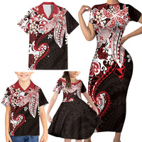 Monstera Plumeria Flowers Red Family Matching Short Sleeve Bodycon Dress and Hawaiian Shirt Polynesian Pattern LT01 - Polynesian Pride