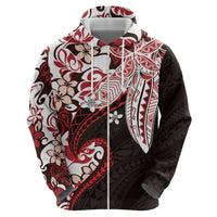 Monstera Plumeria Flowers Red Hoodie Polynesian Pattern