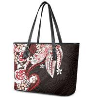 Monstera Plumeria Flowers Red Leather Tote Bag Polynesian Pattern