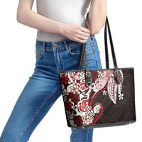 Monstera Plumeria Flowers Red Leather Tote Bag Polynesian Pattern
