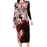 Monstera Plumeria Flowers Red Long Sleeve Bodycon Dress Polynesian Pattern