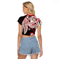 Monstera Plumeria Flowers Red Raglan Cropped T Shirt Polynesian Pattern