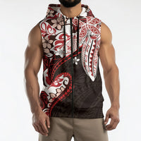 Monstera Plumeria Flowers Red Sleeveless Zip Hoodie Polynesian Pattern