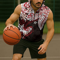 Monstera Plumeria Flowers Red Sleeveless Zip Hoodie Polynesian Pattern