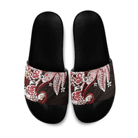 Monstera Plumeria Flowers Red Slide Sandals Polynesian Pattern