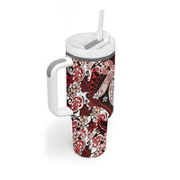 Monstera Plumeria Flowers Red Tumbler With Handle Polynesian Pattern