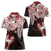 Monstera Plumeria Flowers Red Women Polo Shirt Polynesian Pattern