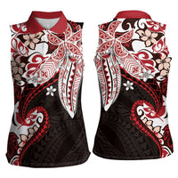Monstera Plumeria Flowers Red Women Sleeveless Polo Shirt Polynesian Pattern