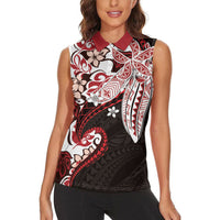 Monstera Plumeria Flowers Red Women Sleeveless Polo Shirt Polynesian Pattern