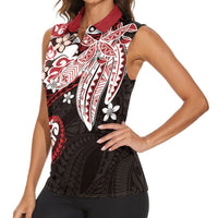 Monstera Plumeria Flowers Red Women Sleeveless Polo Shirt Polynesian Pattern