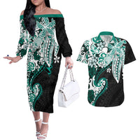 Monstera Plumeria Flowers Teal Couples Matching Off The Shoulder Long Sleeve Dress and Hawaiian Shirt Polynesian Pattern LT01 Teal - Polynesian Pride