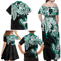Monstera Plumeria Flowers Teal Family Matching Off Shoulder Maxi Dress and Hawaiian Shirt Polynesian Pattern LT01 - Polynesian Pride