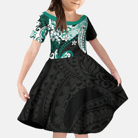 Monstera Plumeria Flowers Teal Family Matching Puletasi and Hawaiian Shirt Polynesian Pattern LT01 Daughter's Dress Teal - Polynesian Pride