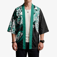 Monstera Plumeria Flowers Teal Kimono Polynesian Pattern