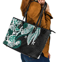 Monstera Plumeria Flowers Teal Leather Tote Bag Polynesian Pattern