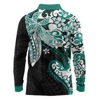 Monstera Plumeria Flowers Teal Long Sleeve Polo Shirt Polynesian Pattern