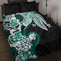 Monstera Plumeria Flowers Teal Quilt Bed Set Polynesian Pattern