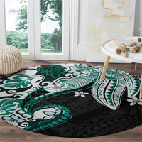 Monstera Plumeria Flowers Teal Round Carpet Polynesian Pattern